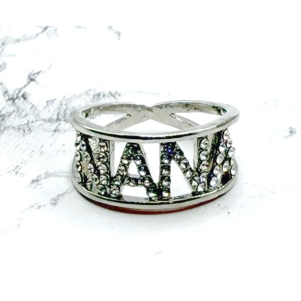 NANA‎ Silver Tone Rhinestone Name Ring Size 7.5 High Sparkle See VIDEO